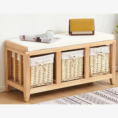 The Range Lincoln Wicker Basket 3 Drawer Shoe Storage Bench Unit - Oak