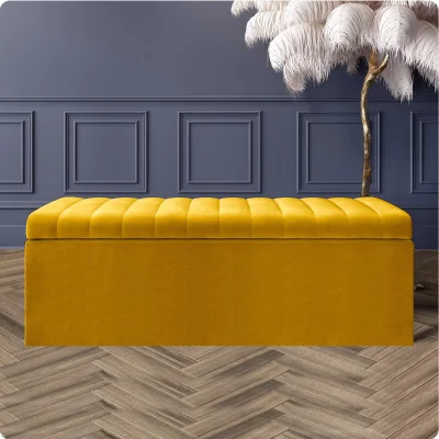 The Range 180cm Safar Ottoman Storage Box, Plush Velvet Striped Upholstered End of Bed Bench, Black - Mustard Gold Plush Velvet