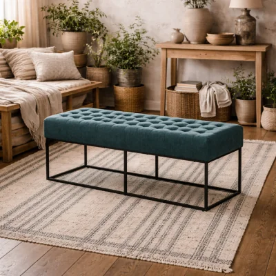 The Range Cavan Upholstered Diamond Bench Yale Chenille - Blue