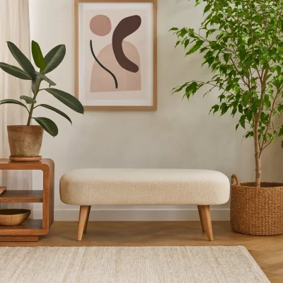 The Range Kipahulu Boucle Hallway Bench with Mango Wood Legs - Beige