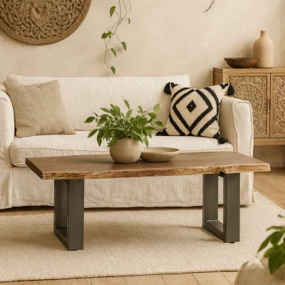 The Range Wellington Medium Live Edge Acacia Dining Bench with Metal Legs - Brown