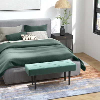 The Range End of Bed Bench with X-Shape Design and Steel Legs - Green