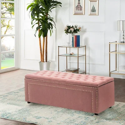 The Range Frosted Velvet Storage Long Bench - Grey-Pink