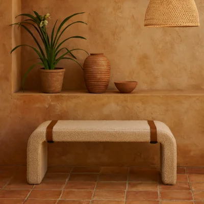 The Range Arezzo Boucle Bench with Leather Straps - Beige