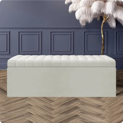 The Range 180cm Safar Ottoman Storage Box, Plush Velvet Striped Upholstered End of Bed Bench, Black - Cream Plush Velvet