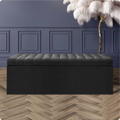 The Range Safar Ottoman Storage Box, Plush Velvet Striped Upholstered Blanket Chest, End of Bed Bench (White) - Black Plush Velvet