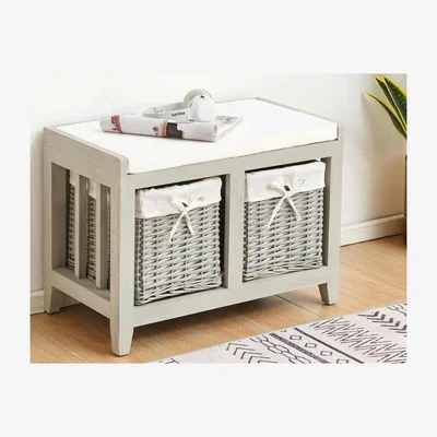 The Range Lincoln 2 Wicker Basket Drawer Shoe Storage Bench Unit - Grey