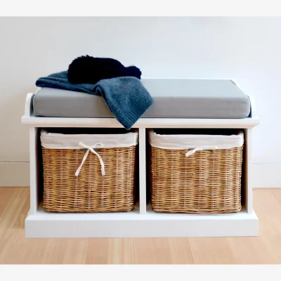 The Range Tetbury White Bench with Natural Baskets - White / 77cm