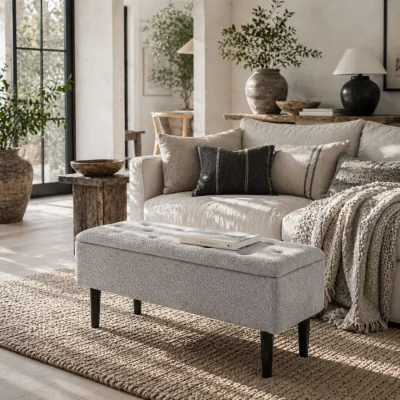 The Range Vemovi Fabric Grey Storage Ottoman Bench With Wooden Legs, 57 Litre