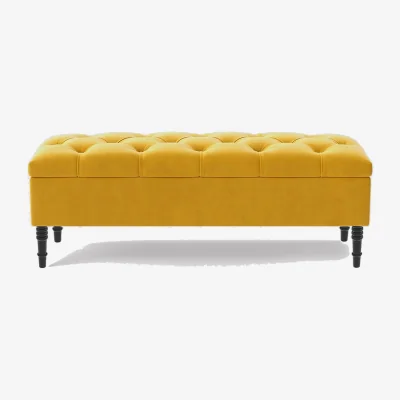 The Range 137cm Chesterfield Ottoman Storage Bench, Duck Egg Tufted Upholstered Velvet Ottoman Footstool - Mustard Gold Plush Velvet