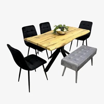 The Range Wood Dining with 4 black Velvet Chairs and Grey Velvet Bench - Brown