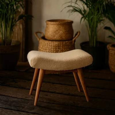 The Range Olbia Boucle Curved Bench 100% Cotton with Mango Wood Legs - Beige