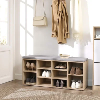 The Range 10-Compartment Shoe Storage Bench Cabinet with Cushion Seat - Oak