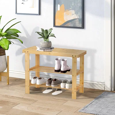 The Range Bamboo Bench with 2 Tier Shoe Rack - Natural Wood Colour
