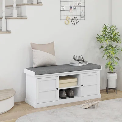The Range HOMCOM Shoe Bench with Cushion 2 Cabinets - White