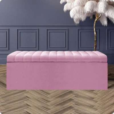 The Range Safar Ottoman Storage Box, Plush Velvet Striped Upholstered Blanket Chest, End of Bed Bench (White) - Pink Plush Velvet