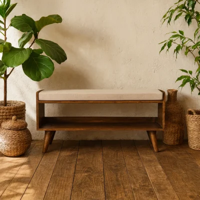 The Range Wye Mud Linen Mango Wood Nordic Storage Bench - Brown