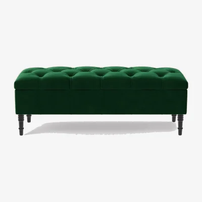 The Range 150cm Chesterfield Ottoman Storage Bench, Steel Grey Tufted Upholstered Velvet Ottoman Footstool - Forest Green Plush Velvet