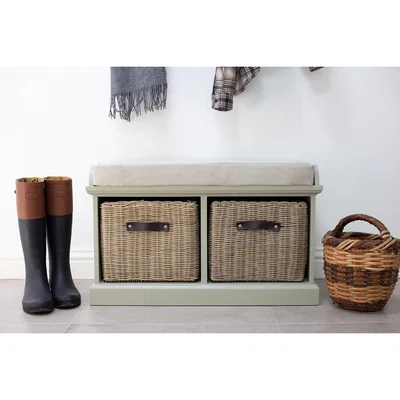 The Range Tetbury Bench with 2 Washable Rattan Baskets - Sage Green