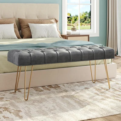 The Range Button Tufted Velvet Bench Seat with Gold Legs - Grey