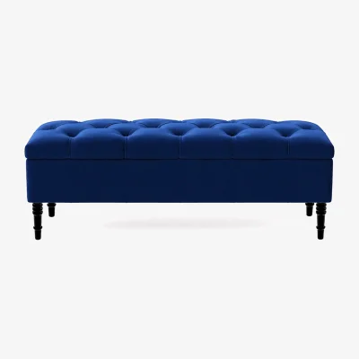 The Range 137cm Chesterfield Ottoman Storage Bench, Duck Egg Tufted Upholstered Velvet Ottoman Footstool - Sapphire Blue Plush Velvet