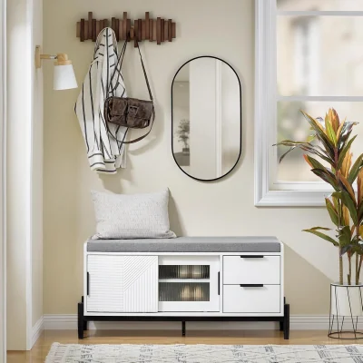 The Range Shoe Bench with Drawers and Glass Door - White