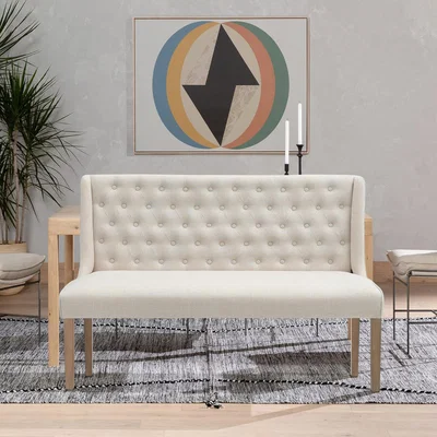 The Range Modern Linen Upholstered Bench Double Seat Sofa with Buttoned High Backrest - Beige White