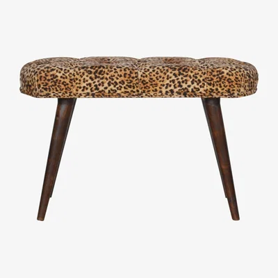 The Range Leopard Print Cotton Velvet Deep Button Mango Wood Bench - Brown