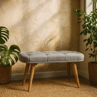 The Range Bagno Deep Button Tweed Bench Mango Wood Frame - Brown