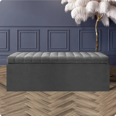 The Range 180cm Safar Ottoman Storage Box, Plush Velvet Striped Upholstered End of Bed Bench, Black - Steel Grey Plush Velvet