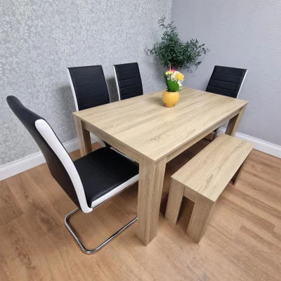 The Range Oak Effect table and Bench with 4 Black White Stripped Faux Leather Chairs - Brown