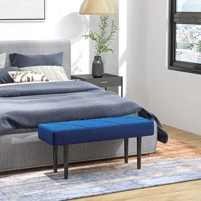 The Range End of Bed Bench with X-Shape Design and Steel Legs - Blue