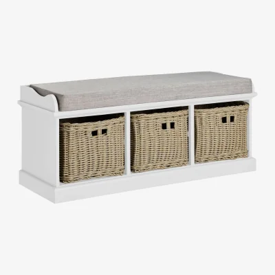 The Range Tetbury Large Bench with Wicker Baskets - White
