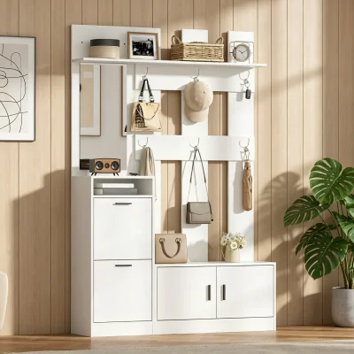 The Range AKA Modern White Hallway Unit with Mirror, Coat Hooks and Shoe Storage Bench