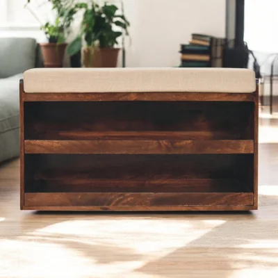 The Range Solid Wood California Walnut & Mud Linen Pull out Shoe Bench - Brown