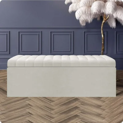 The Range Safar Ottoman Storage Box, Plush Velvet Striped Upholstered Blanket Chest, End of Bed Bench (White) - Cream Plush Velvet