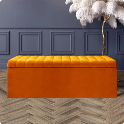 The Range 180cm Safar Ottoman Storage Box, Plush Velvet Striped Upholstered End of Bed Bench, Black - Burnt Orange Plush Velvet