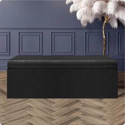 The Range Large Plain Safar Storage Ottoman Box, Plush Velvet Upholstered Deep Storage End of Bed Bench - Black Plush Velvet