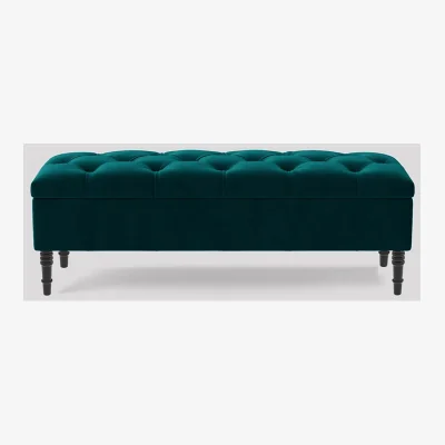 The Range 137cm Chesterfield Ottoman Storage Bench, Duck Egg Tufted Upholstered Velvet Ottoman Footstool - Emerald Green Plush Velvet