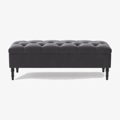 The Range 137cm Chesterfield Ottoman Storage Bench, Duck Egg Tufted Upholstered Velvet Ottoman Footstool - Steel Grey Plush Velvet