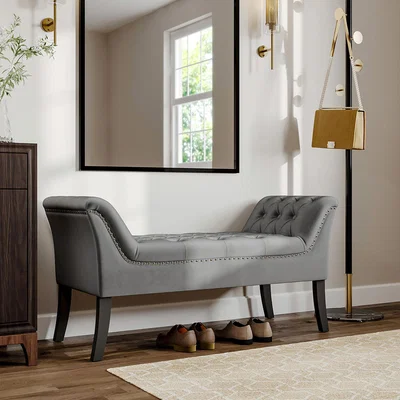 The Range Velvet Buttoned Bench with Armrests - Grey
