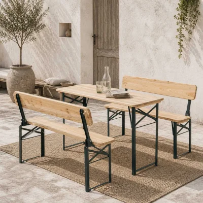 The Range Mamoni Wood Natural Portable Folding Picnic Table With 2 Benches