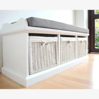 The Range Tetbury Bench with 3 White Rattan Baskets - White