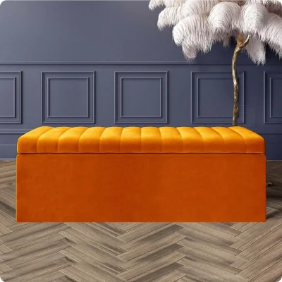 The Range Safar Ottoman Storage Box, Plush Velvet Striped Upholstered Blanket Chest, End of Bed Bench (White) - Burnt Orange Plush Velvet