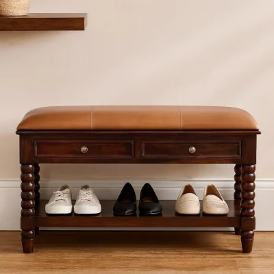 The Range Spindle Winewood Leather Bench