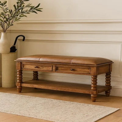 The Range Solid Wood Leather Spindle Bench, 2 Drawers, 1 Open Big Size Shelf, Leather On Top - Brown