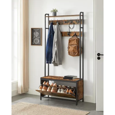 The Range Hall Tree Bench with Shoe Storage, Hooks and Top Shelf for Entryway Organisation - Rustic Brown and Black