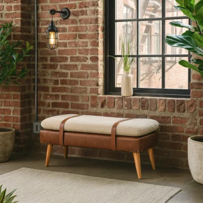The Range Alghero Boucle Bench with Buffalo Leather Strap and Effect Mango Legs - Brown