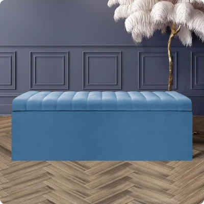 The Range Safar Ottoman Storage Box, Plush Velvet Striped Upholstered Blanket Chest, End of Bed Bench (White) - Duck Egg Plush Velvet
