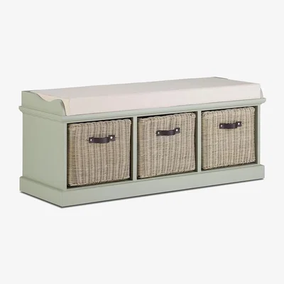 The Range Tetbury Large Bench with Strong Rattan Baskets - Sage Green